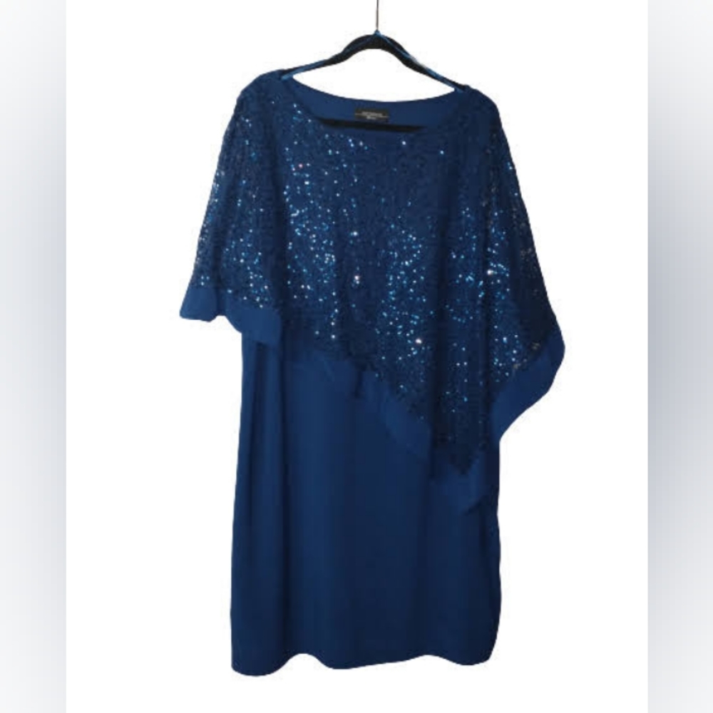 R&M Richards Woman Navy Blue Lace Sequined Over Lay Caplet/Poncho Dress